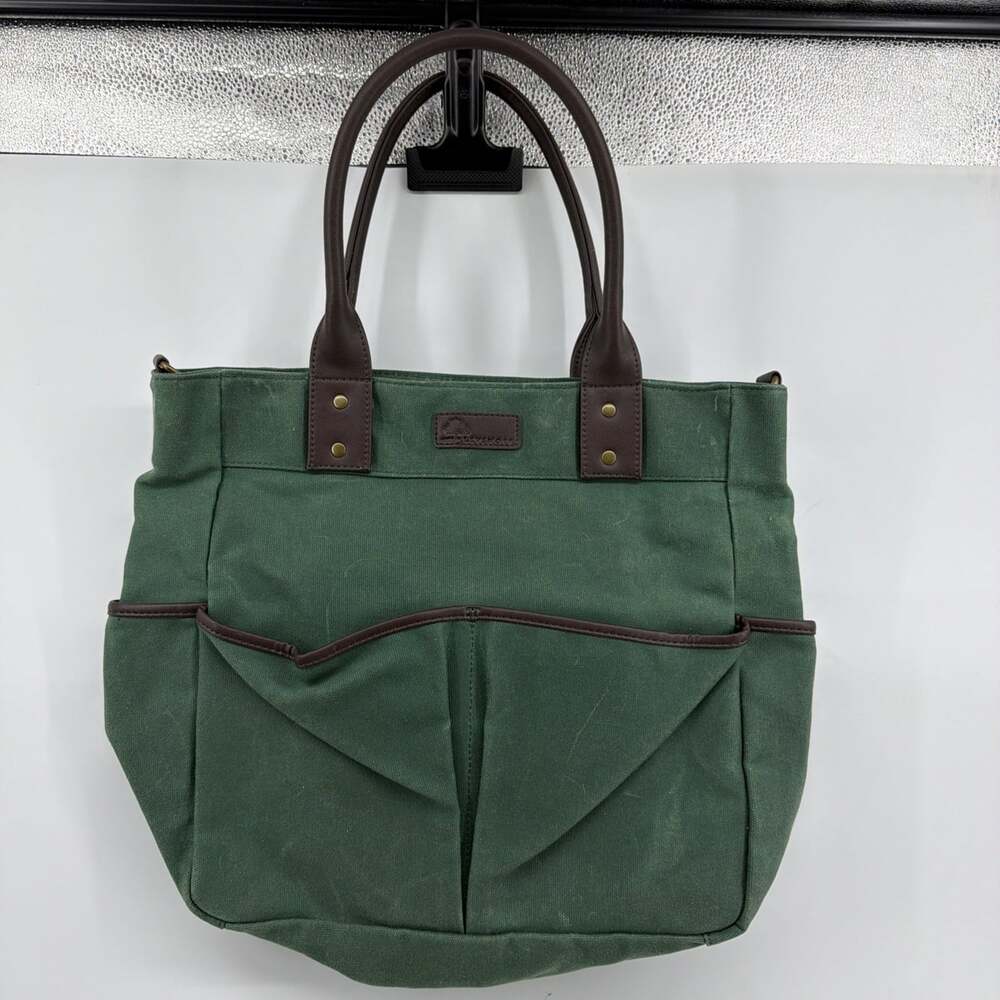 LEVENGER Hunter Green Canvas Brown Leather Medium Pocket Tote Bag Purse W/Strap